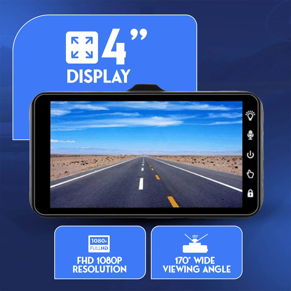 Capture every journey with precision using the Dash Cam featuring a 4-inch display, 1080p resolution, and 170-degree wide viewing angle