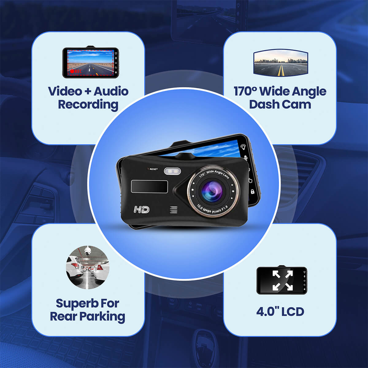 DashVision Dash Cam Pro offers rear parking assistance, a 4-inch LCD, 170-degree wide-angle view, and comprehensive video and audio recording